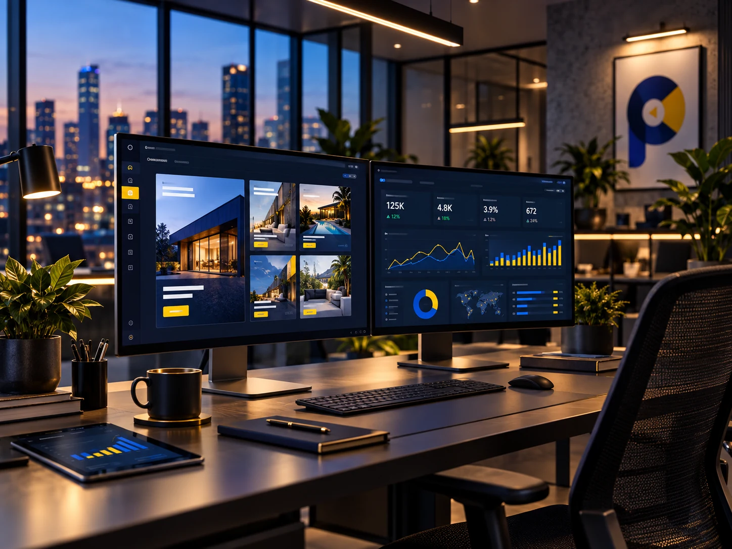 Panel de campaña digital y analítica en monitores de un estudio creativo