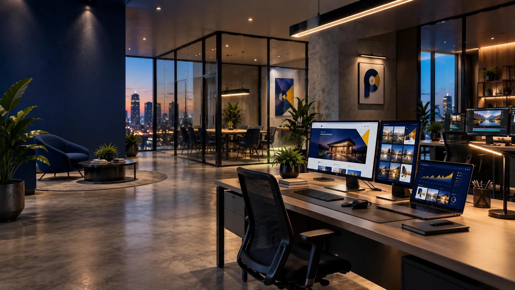 Estudio creativo digital con estaciones de trabajo y aplicaciones de marca