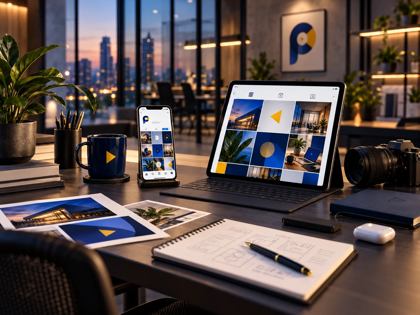Contenido de redes sociales mostrado en tablet y teléfono dentro de un estudio creativo