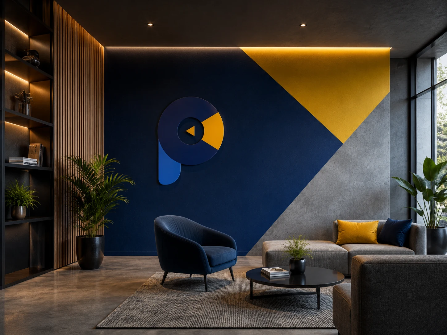 Sala corporativa con intervención gráfica azul y amarilla