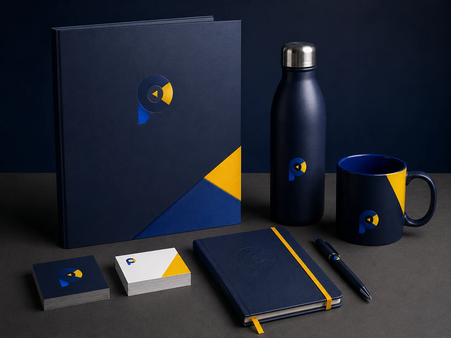 Kit corporativo con libreta, termo, taza y papelería en azul y amarillo