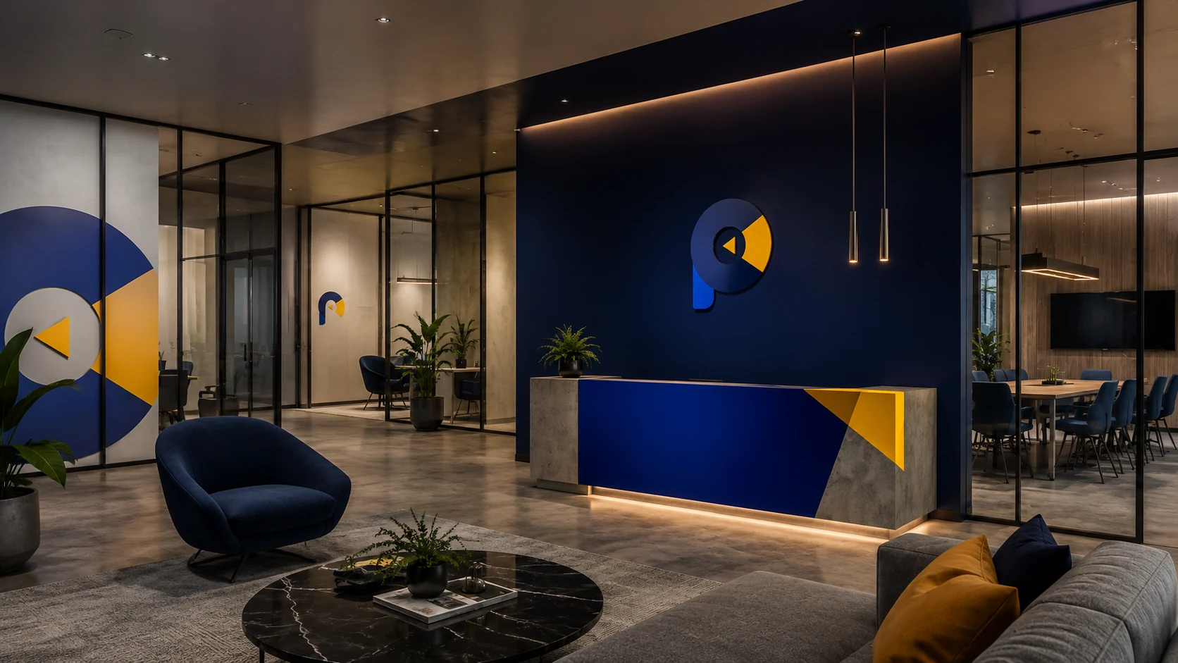 Recepción corporativa con identidad visual aplicada en muros y mobiliario