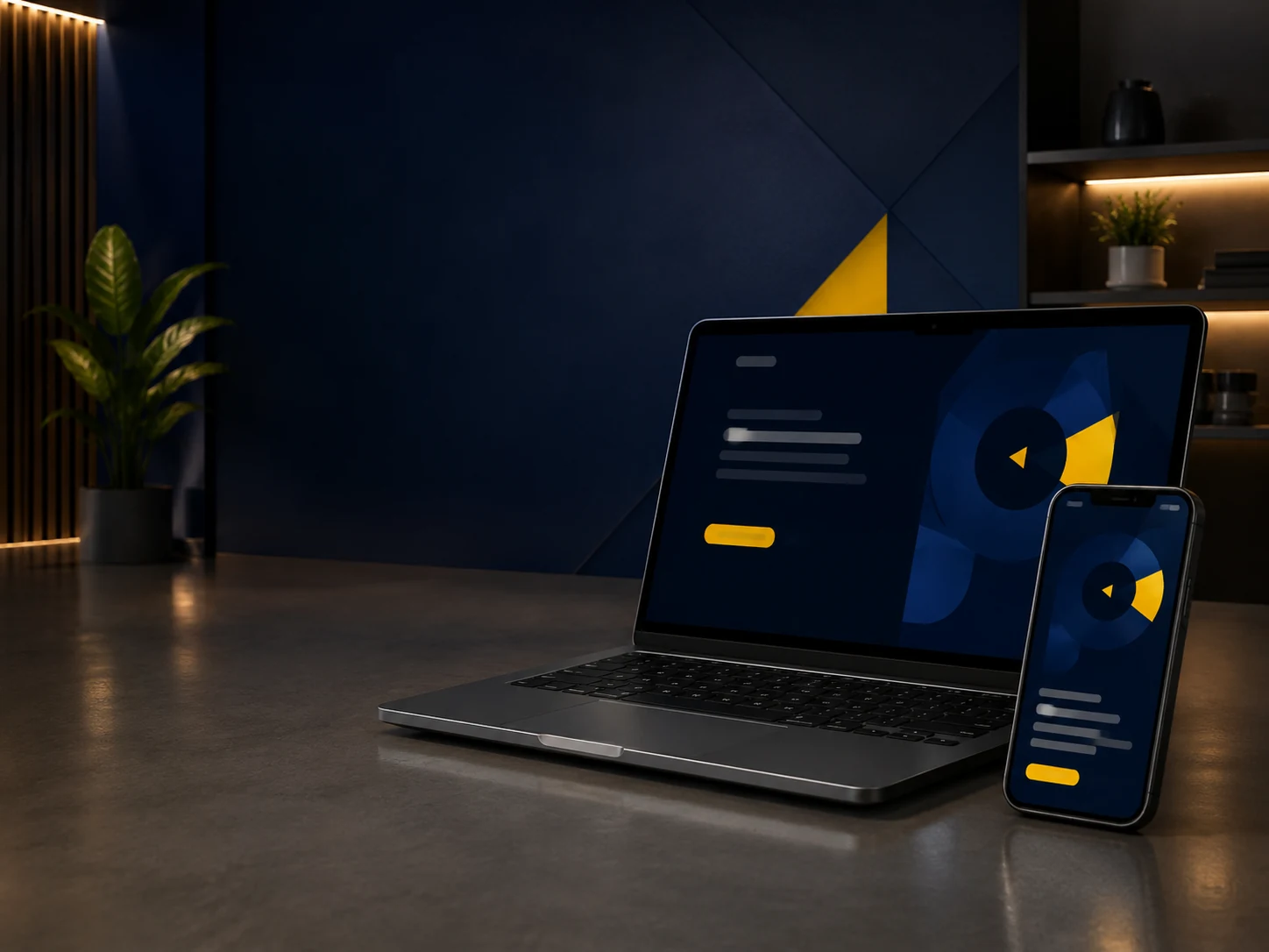 Laptop y teléfono mostrando una interfaz digital en azul y amarillo