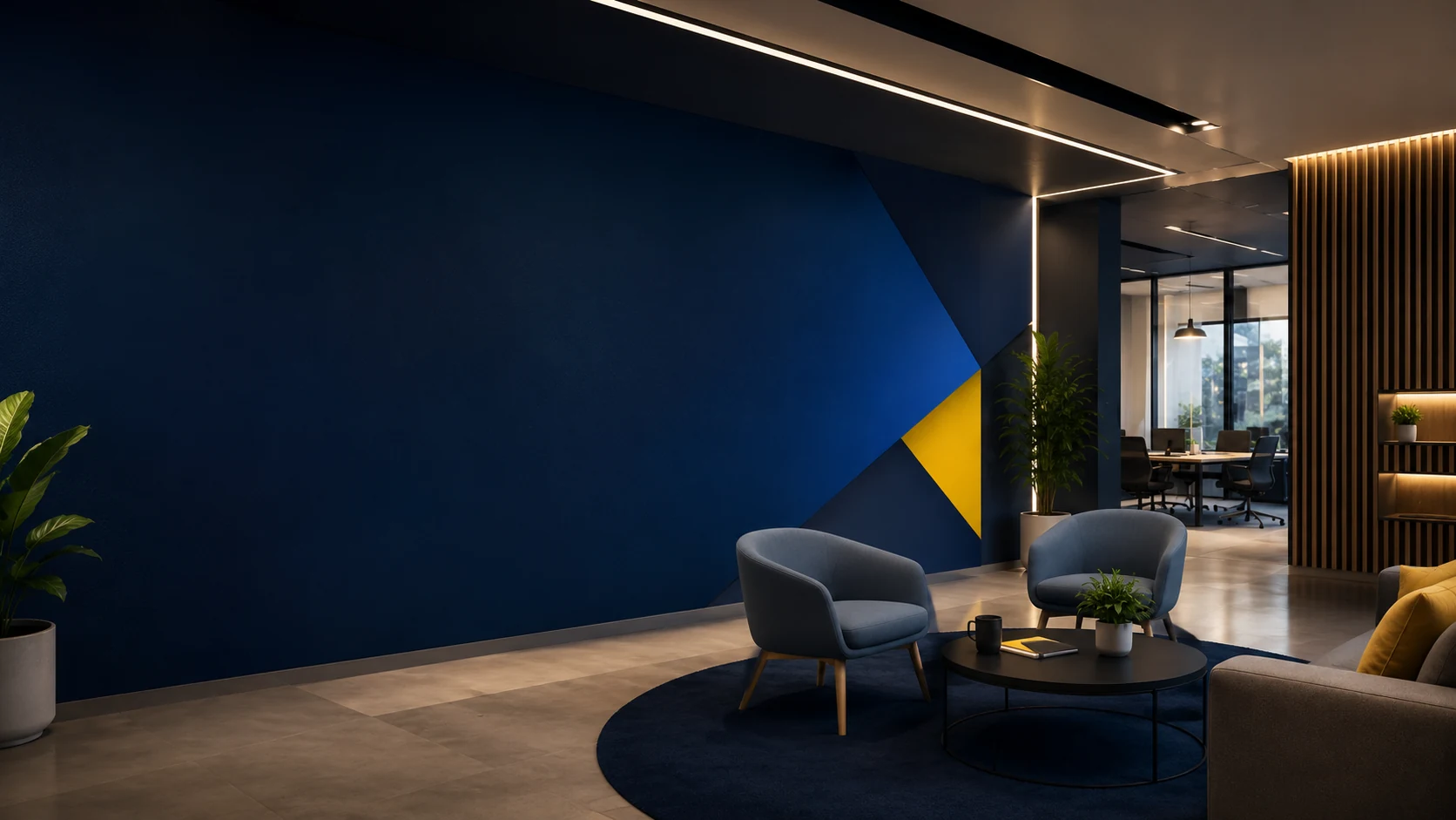 Lobby corporativo con aplicación gráfica en azul y amarillo