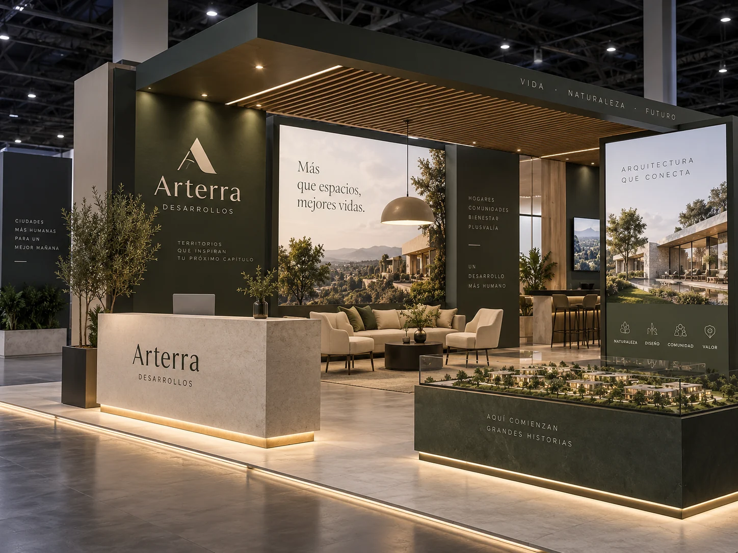 Stand premium de Arterra Desarrollos con showroom y maquetas inmobiliarias