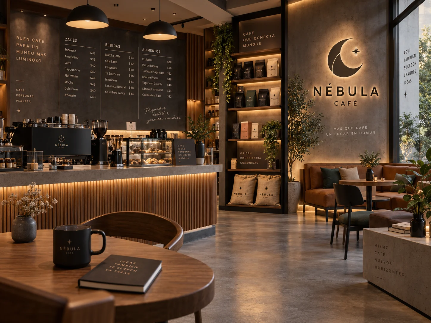 Interior acogedor de Nébula Café con branding aplicado al menú, muros y empaque