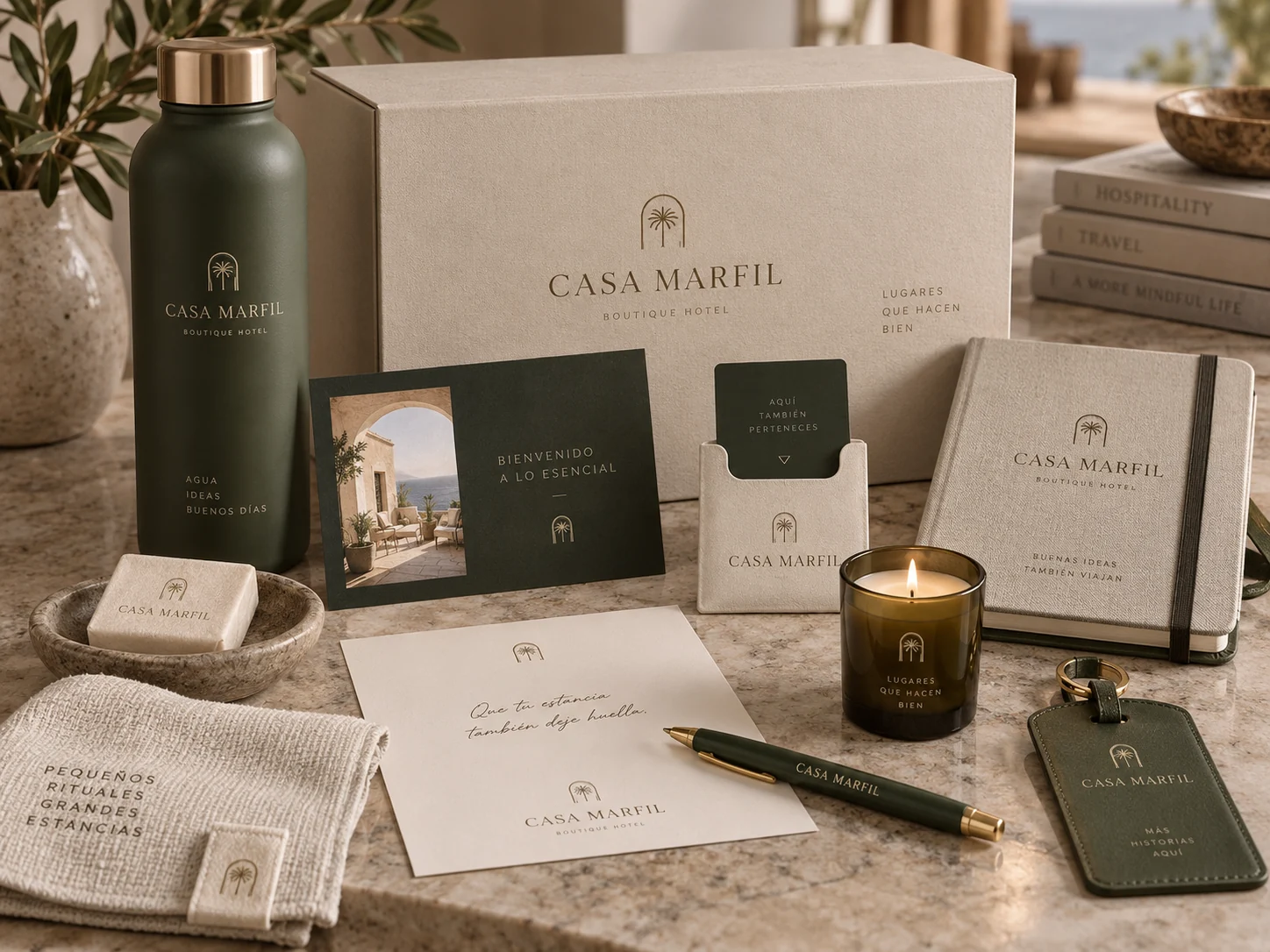 Kit de bienvenida Casa Marfil para hotel boutique con libreta, toalla y amenidades